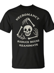 (ON BACK) Men's Necromancy Reduce Reuse Reanimate Skull Skeleton Graphic T-Shirt, Funny Halloween Casual Short Sleeve Tee