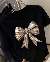 Women's Y2K Bow Print T-Shirt, Short Sleeve Round Neck Top, Sparkling Decorative Pattern Casual Blouse for Spring Summer