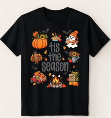 Fall T-Shirt, Tis The Season Whimsical Autumn Harvest Graphic Tee, Campfire Halloween Thanksgiving Casual Top for Women Men