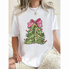 Christmas Tree With Coquette Bow Xmas Christmas TShirt Round Neck Short Sleeve