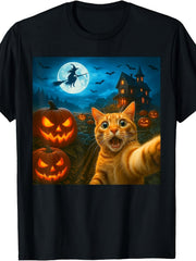 Funny Halloween Cat Selfie With Spooky Pumpkins Graphic Tee for Men Women, Cute Black Cat Short Sleeve T-Shirt, Casual Crew Neck Top for Halloween Gift