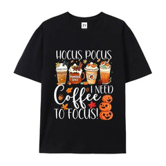 Men's Fall Pumpkin Teacher Round Neck T-Shirt - Funny Print, Heavyweight Cotton, Retro Casual, Hocus Pocus Coffee Focus Design