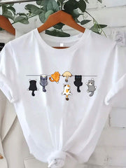 Cute Hanging Cats On Clothesline Graphic T-Shirt, Unisex Funny Cartoon Kitten Casual Short Sleeve Tee