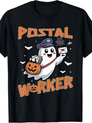 Postal Worker Ghost Pumpkin Happy Halloween Graphic Tee for Men Women, Cute Spooky Mail Carrier Short Sleeve T-Shirt, Casual Crew Neck Top for Post Office Staff Gift