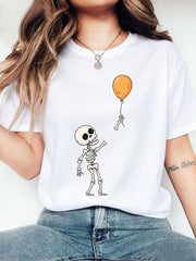 Skeleton Holding Orange Balloon Unisex Graphic T-Shirt, Funny Halloween Spooky Casual Tee
