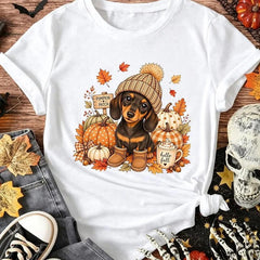 Women’s Cute Dachshund Pumpkin Patch T‑Shirt, Hello Fall Autumn Maple Leaf Graphic Crew Neck Casual Thanksgiving Seasonal Short Sleeve Top