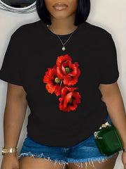 Women's Plus Size Casual T-Shirt, Crew Neck Short Sleeve Top, Red Poppy Graphic Print Tee