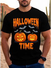Halloween Time Graphic T-Shirt, Jack O Lantern Pumpkin Bat Drip Letter Print Casual Short Sleeve Crew neck Tee