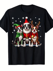 Unisex Pet Holiday Graphic Tee, Boston Terrier Christmas Dogs Santa Elf Reindeer Snowflakes Cute Festive Short Sleeve T-Shirt for Men Women