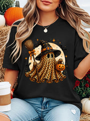 Halloween Ghost Witch Graphic T-Shirt, Cute Ghost with Witch Hat Broom Pumpkin Bucket Moon Star Casual Short Sleeve Tee