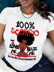 Women 100% Scorpio Zodiac Graphic T-Shirt, Scorpio Horoscope Wine Leopard Print Short Sleeve Crew Neck Casual Tee