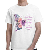 Men's Classic Crew Neck Cotton Casual Tee - Black, "I Can Do All Things Through Christ" Print, Pretty Butterfly Design, Unisex-Adults Fit, Soft, Comfortable