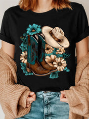 Women's Western Cowgirl Print T-Shirt, Cowboy Boots and Hat Graphic Tee, Turquoise Flower Country Style Crew Neck Short Sleeve Casual Top