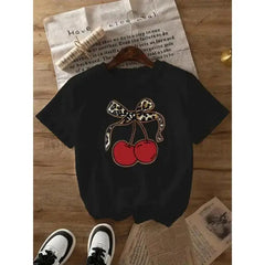 Vintage Cherry Graphic Crew Neck Tee Breathable Cotton Bow Short Sleeve Top