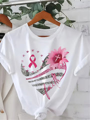 Women's Faith Pink Ribbon Sunflower American Flag Graphic T-Shirt, Inspirational Casual Short Sleeve Tee
