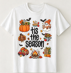 Fall T-Shirt, Tis The Season Whimsical Autumn Harvest Graphic Tee, Campfire Halloween Thanksgiving Casual Top for Women Men