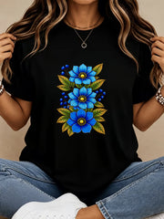 Women Blue Floral Berry Botanical Graphic T-Shirt, Wild Flower Print Crew Neck Short Sleeve Casual Tee Top