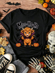 Women's Crew Neck TShirt Cute Highland Cow Halloween Graphic Tee Short Sleeve Funny Moo Ha Ha Costume Shirt