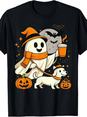 Ghost Walking Dachshund Spooky Season Halloween Dog Graphic Tee for Men Women, Cute Wiener Dog Short Sleeve T-Shirt, Casual Crew Neck Top for Dachshund Lover Gift