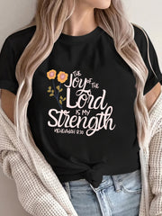 Women's The Joy of The Lord Is My Strength Floral Graphic T-Shirt, Casual Short Sleeve Faith Inspirational Tee
