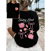 2026 Spring/Summer New Women's Round Neck Seashell Star Artistic Letter Print Fashion Short Sleeve Summer T-Shirt, Beach Vacation Style Casual Tee, Double-Sided Print