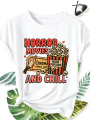 Women Horror Movies And Chill Graphic T-Shirt Halloween Scary Movie Popcorn Skull Short Sleeve Tee