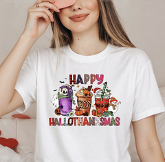 Happy Hallothanksmas T-Shirt, Funny Halloween Thanksgiving Christmas Holiday Tee, Coffee Pumpkin Spice Snowman Graphic Top for Women