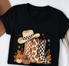 Western Fall Cowboy Boots Pumpkin Graphic T‑Shirt, Comfort Colors Style Autumn Country Women Crew Neck Short Sleeve Casual Tee