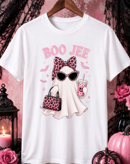 Boo Jee Leopard Ghost Coffee Halloween Boujee Unisex T-Shirt, Retro Casual Round Neck Printed Top, Funny Ghost Graphic Tee for Women