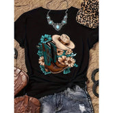 Western Cowboy Style Graphic Print T-Shirt, Short Sleeve Crew Neck Casual Top For Summer & Spring, Women's Clothing