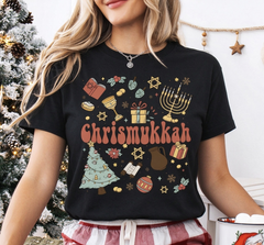 Happy Chrismukkah Graphic T-Shirt, Retro Hanukkah Christmas Mixed Holiday Tee, Menorah Christmas Tree Festive Top for Men & Women