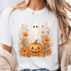 Women's Floral Ghost Pumpkin Halloween T-Shirt, Cute Spooky Orange Flower Graphic Tee, Fall Casual Short Sleeve Crew Neck Top, Gift for Women