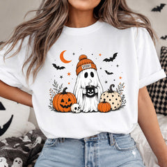 Spooky Ghost Coffee Halloween T-Shirt, Women's Funny Pumpkin Skull Graphic Tee, Autumn Vibes Casual Short Sleeve Top