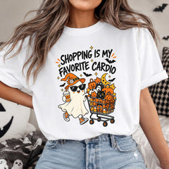 Shopping Is My Favorite Cardio Halloween T-Shirt, Funny Ghost Shopping Cart Graphic Tee, Women's Casual Crew Neck Short Sleeve Top, Spooky Season Gift