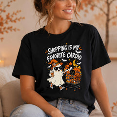 Shopping Is My Favorite Cardio Halloween T-Shirt, Funny Ghost Shopping Cart Graphic Tee, Women's Casual Crew Neck Short Sleeve Top, Spooky Season Gift