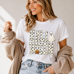 Halloween Ghost Pumpkin Graphic T-Shirt, Women's Casual Crew Neck Short Sleeve Top, Fall White Dots Letter Print Tee, Cute Halloween Party Shirt
