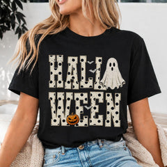 Halloween Ghost Pumpkin Graphic T-Shirt, Women's Casual Crew Neck Short Sleeve Top, Fall White Dots Letter Print Tee, Cute Halloween Party Shirt
