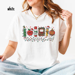 Teacher Christmas Doodle Graphic T-Shirt, Cute School Supplies Holiday Tee, Crew Neck Short Sleeve Top, Christmas Gift for Educators