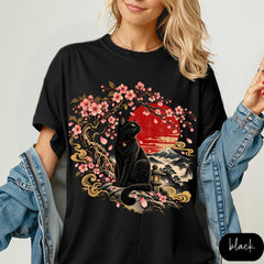 Women's Japanese Cherry Blossom Black Cat Graphic T-Shirt, Vintage Japan Art Style Tee, Cute Cat Lover Gift, Casual Crew Neck Short Sleeve Top