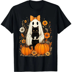 Retro Halloween Ghost Holding Black Cat Groovy Floral T-Shirt, Cute Spooky Pumpkin Flower Print, Women's Short Sleeve Crew Neck Casual Top, Fall Halloween Holiday Gift