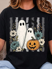 Vintage Floral Ghost Halloween Graphic T-Shirt, Cute Ghost Pumpkin Bat Fall Print, Halloween Women's Short Sleeve Crew Neck Tee