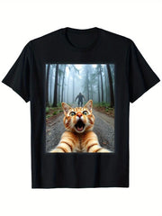 Funny Cat Selfie Graphic T-Shirt, Scary Forest Road Giant Surprise Print, Men's Women's Short Sleeve Crew Neck Tee, Casual Novelty Gift Top