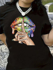 Women Graphic T-Shirt Glitter Lips Shh Finger Print Casual Crew Neck Trendy Tee