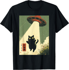 Vintage Japanese Cat Alien Cat Dad UFO Abduction Graphic Tee T-Shirt