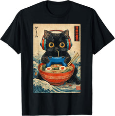 Retro Cat Ramen Japanese Funny Graphic Tee Kawaii Cat Unisex T-Shirt 100% Cotton