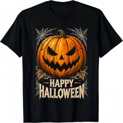 Happy Halloween Jack O Lantern T-Shirt, Scary Pumpkin Spider Web Graphic Tee, Unisex Casual Crew Neck Short Sleeve Top, Halloween Party Gift