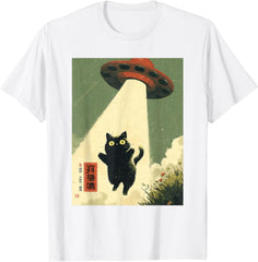 Vintage Japanese Cat Alien Cat Dad UFO Abduction Graphic Tee T-Shirt