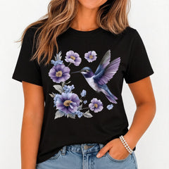 Hummingbird Floral Graphic Women’s T-Shirt Purple Flower Bird Nature Casual Tee
