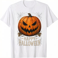 Happy Halloween Jack O Lantern T-Shirt, Scary Pumpkin Spider Web Graphic Tee, Unisex Casual Crew Neck Short Sleeve Top, Halloween Party Gift