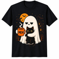 Spooky Ghost Holding Black Cat Coffee Lover Funny Halloween T-Shirt